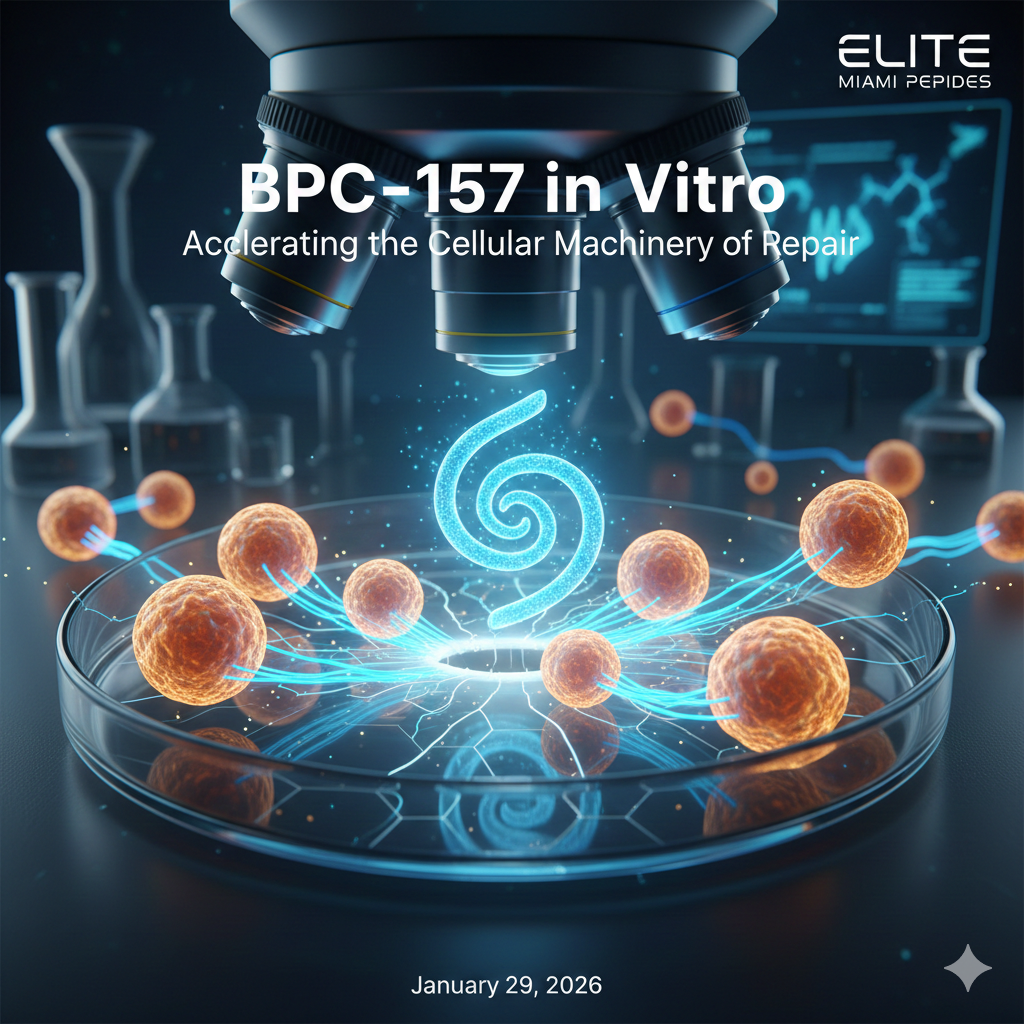 Digital illustration of a microscope focused on a petri dish showing glowing orange fibroblast cells migrating toward a central luminous blue peptide structure, representing BPC-157 in vitro cellular repair for Elite Miami Peptides.