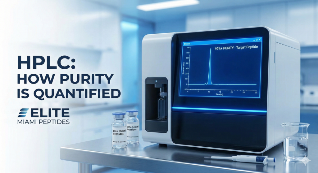 A modern HPLC machine on a stainless steel laboratory bench, displaying a chromatogram screen that reads '99%+ PURITY - Target Peptide.' Next to the machine are two vials of research peptides, a beaker, and a pipette. The image features the Elite Miami Peptides logo and the bold text: 'HPLC: HOW PURITY IS QUANTIFIED'.