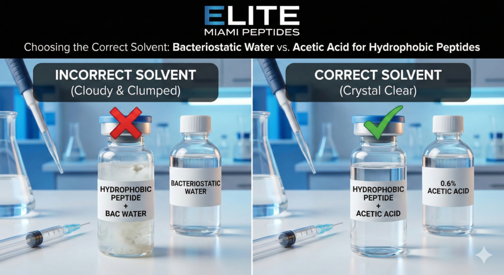 Two vials showing the difference in hydrophobic peptide reconstitution: a cloudy mixture with Bacteriostatic Water versus a clear solution with Acetic Acid.