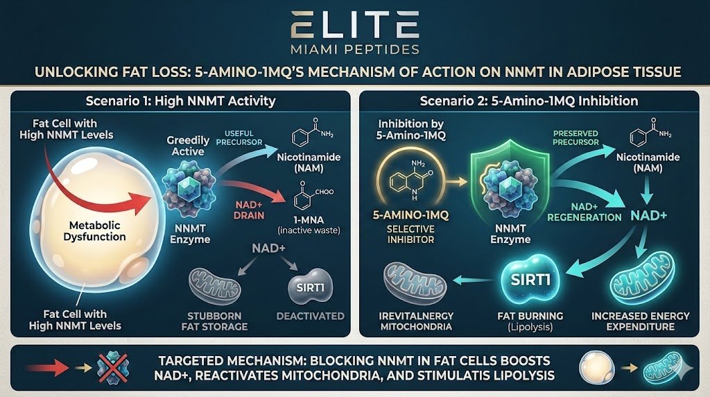 A visual guide explaining how 5-Amino-1MQ promotes fat loss. The diagram shows how blocking the NNMT enzyme in fat cells prevents the depletion of NAD+, ultimately increasing cellular energy expenditure and reversing metabolic dysfunction.