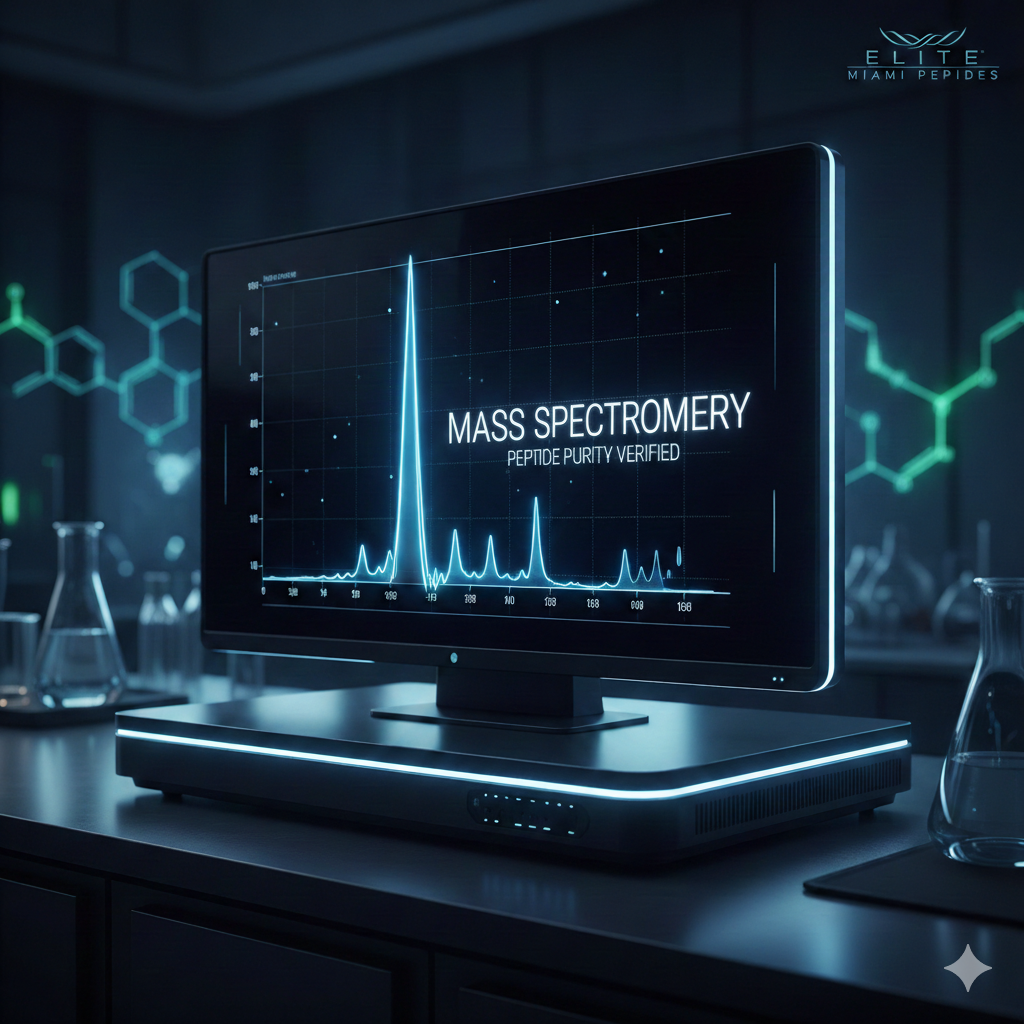 A high-tech laboratory monitor displaying a mass spectrometry graph with a prominent peak, verifying peptide molecular weight and purity.