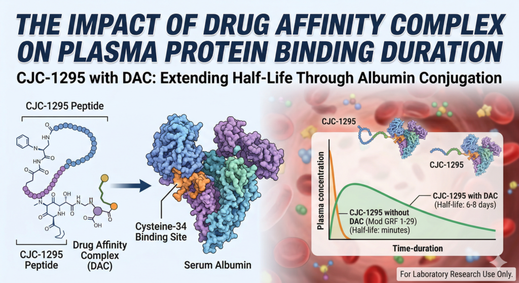 Diagram explaining the plasma protein binding mechanism of CJC-1295 with DAC for laboratory research purposes.