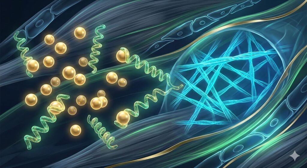 Microscopic diagram of TB-500 managing G-actin building blocks to form organized cellular scaffolding and promote tissue healing.