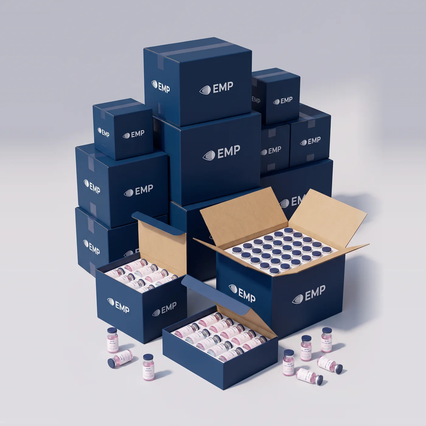 Stacks of Elite Miami Peptides boxes with research peptide vials for a bulk wholesale order